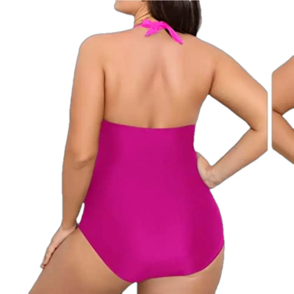 Daci Deep Plunge V-Neck Backless One Piece Swimsuit neon pink size 14 W NWT XL